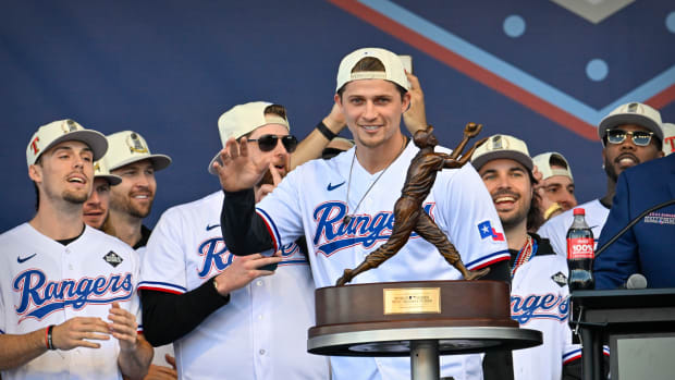 Nov 3, 2023; Arlington, TX, USA; Texas Rangers shortstop Corey Seager (5) during the celebration outside of the ballpark after the World Series championship parade at Globe Life Field. Mandatory Credit: Jerome Miron-USA TODAY Sports